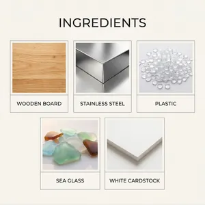 Detailed view of materials for Christmas sea glass art kit including wood and glass