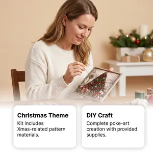 Woman skillfully creating 3D Christmas poke-art with a poke needle and fabric kit