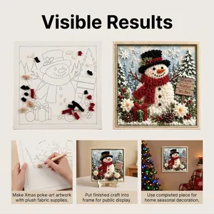 Step-by-step DIY 3D Christmas poke-art craft kit featuring a plush snowman in frame