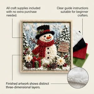 Detailed close-up of 3D snowman craft kit showing soft fabric textures and layers