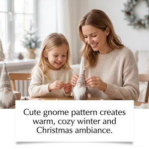 Family using cute Christmas gnome plush ornaments to create cozy winter holiday atmosphere.