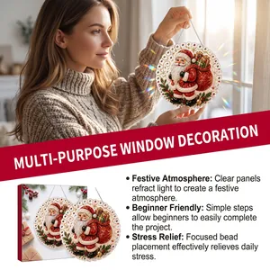 Detailed view of circular Christmas Santa hanging ornament catching sunlight on window