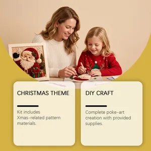 Detailed view of mother and child creating a 3D Christmas poke-art craft kit together