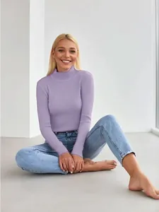 Women's lavender slim fit ribbed mock neck knit sweater for fall winter