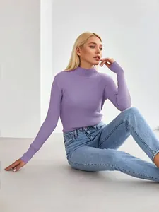 Detailed shot of a lavender slim-fit mock neck sweater with ribbed knit texture