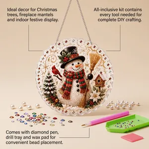 DIY Christmas snowman diamond painting kit with pen, tray, and colorful beads.
