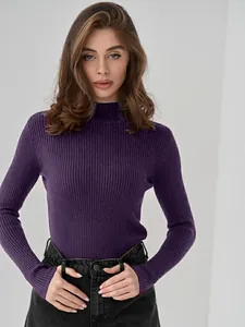 Women's slim fit purple ribbed mock neck knit sweater for autumn winter fashion outfit