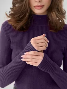Close-up detail of premium purple ribbed knit semi-high neck sweater showing fabric texture