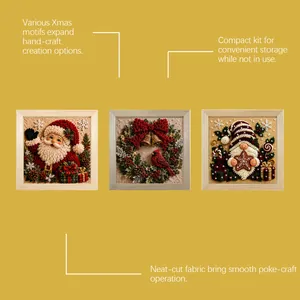 Detailed view of three 3D Christmas fabric poke art kits featuring Santa and a wreath