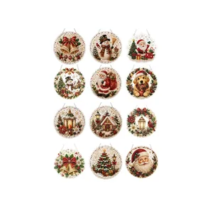 Set of 12 colorful Christmas hanging ornaments featuring festive Santa and snowman motifs