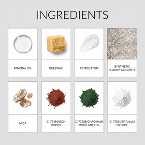Elenco visivo degli ingredienti per lo stick corpo scintillante di Natale con mica naturale.