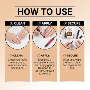 Instructional guide for Christmas nail polish pen showing cleaning, applying, and securing steps.