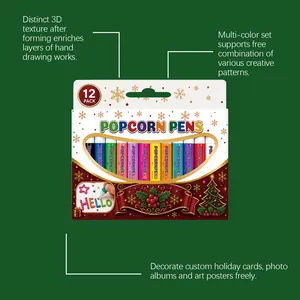 Festliche 12er-Pack Popcorn-Stifte zeigen 3D-Struktur und Dekoration von Weihnachtskarten.