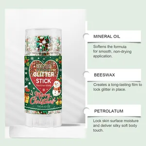 Vista dettagliata dello stick glitter EELHOE con ingredienti nutrienti per la pelle.