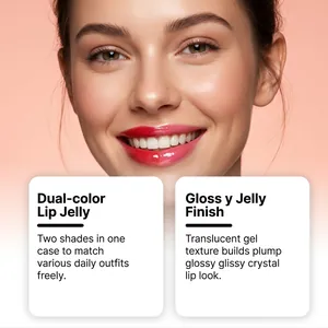 Detailansicht des zweifarbigen Lip Jelly mit glänzendem rot-rosa Finish auf den Lippen.