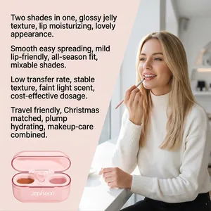 Gedetailleerd overzicht van tweekleurige jelly lipgloss met modelapplicatie en beschrijving.