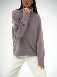 Eleganter lila loser Rollkragenpullover für Damen, warmer Herbst Winter Strickoberteil