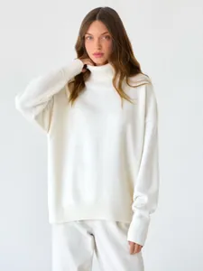 Eleganter weißer Oversize-Strickpullover mit Rollkragen für Damen lockere Passform