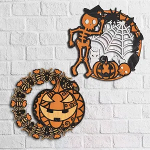 Intricate laser-cut wooden Halloween door wreaths with pumpkin and skeleton motifs