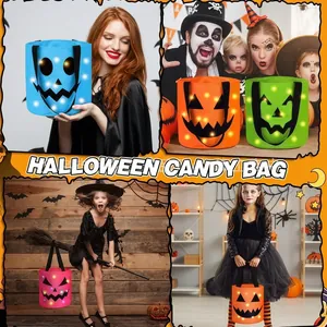 Halloween candy bucket set with LED lights shown in various spooky festive scenes.