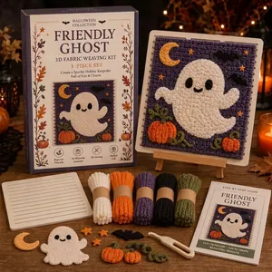 DIY Halloween 3D fabric weaving kit featuring a friendly ghost design and colorful yarn bundles