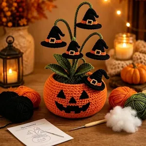 Handgefertigtes Häkel Kürbis Geist Topf Halloween DIY Set Baumwollmischung Gestrickte Topfpflanze Ornamente Party Deko