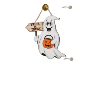 Adorable Halloween ghost hanging door sign with Trick or Treat sign and pumpkin basket