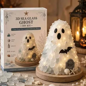Detail view of DIY lighted sea glass ghost kit with packaging and finished decor.