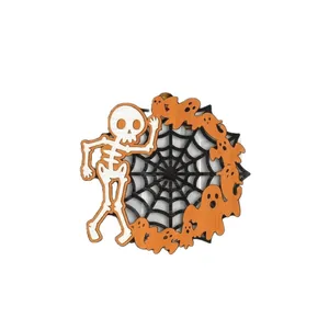 Handcrafted wooden Halloween door hanging with skeleton and ghost spider web motifs