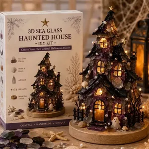 Detailed macro view of the DIY sea glass haunted house kit with glowing LED lights
