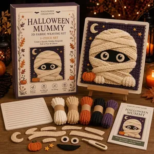Halloween Mummy 3D fabric weaving kit with all DIY materials and finished artwork.