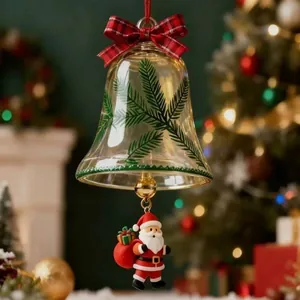 Detalle de campana de Navidad de cristal con Papá Noel y lazo rojo