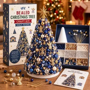 Kit fai da te per albero di Natale con perline blu e oro e istruzioni passo dopo passo
