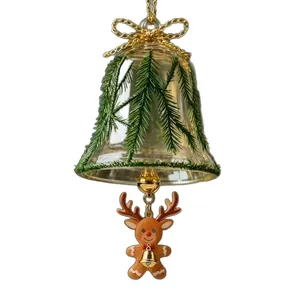 Campana de Navidad de cristal con reno de jengibre y patrones de agujas de pino
