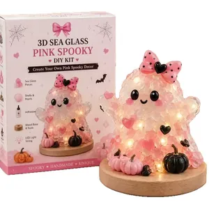 DIY pink sea glass ghost kit with LED lights on wooden base for Halloween decor