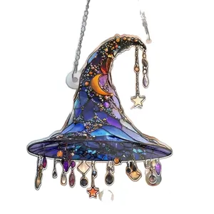 Gothic stained glass style 2D acrylic witch hat ornament for Halloween window hanging