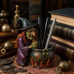 Halloween Witch Cauldron Pen Holder Resin Statue Ornament Horror Witch Figurine For Desk Decor Desktop Stationery Storage Pot
