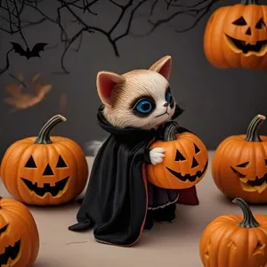 Adorable figura de gato de Halloween con capa negra y una decoración de calabaza