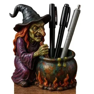 Detailed resin Witch Cauldron Pen Holder sculpture for spooky Halloween office desk decor