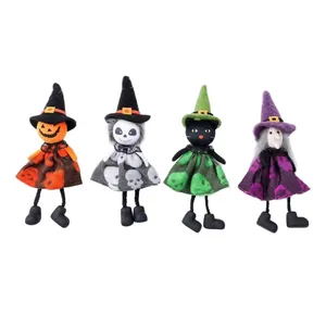 Set of 4 Halloween hanging dolls featuring pumpkin, witch, skull and black cat designs