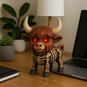 Détail d'une figurine de vache squelette en résine avec yeux rouges brillants décoratifs.