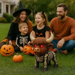 Vue détaillée d'un taureau squelette en résine pour la décoration de jardin d'Halloween.