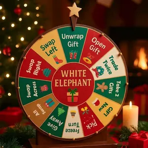 Gedetailleerd overzicht van het White Elephant cadeau-uitwisselingswiel voor kerstfeestjes.
