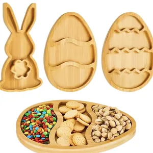 Eco-friendly bamboo Easter bunny and egg shaped divided snack tray for nuts and candies