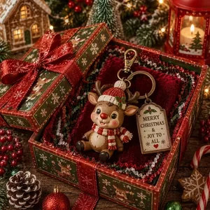 Vista detallada de un lindo llavero de reno dentro de una caja de regalo de Navidad festiva