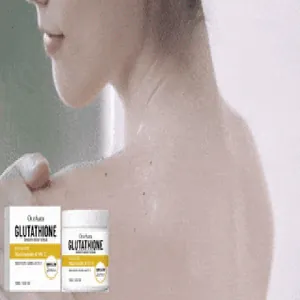 Packaging and container of glutathione body scrub shown against a smooth back background