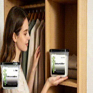 Close-up of Jue Fish dehumidifier box inside a wooden wardrobe for moisture control