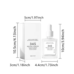 30ml moisturizing relief serum with packaging box and detailed size measurements