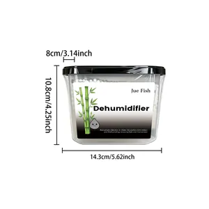 Effective indoor dehumidifier box showing clear dimensions 14.3cm x 10.8cm x 8cm.