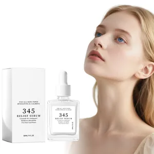 Detailed shot of 345 Relief Serum hydrating bottle and box with a skincare model